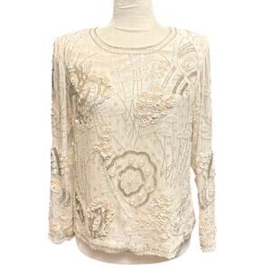 Vintage 1980s Cadaz Petite 100% Silk Ivory Beaded Blouse Size Small Petite